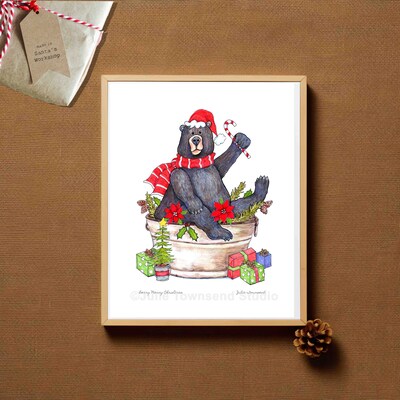 ART PRINT - BEARY MERRY CHIRSTMAS -  Whimsical Drawing of a Bear - Art to Display for the Winter Season - Brighten Any Room for the Holidays - image2